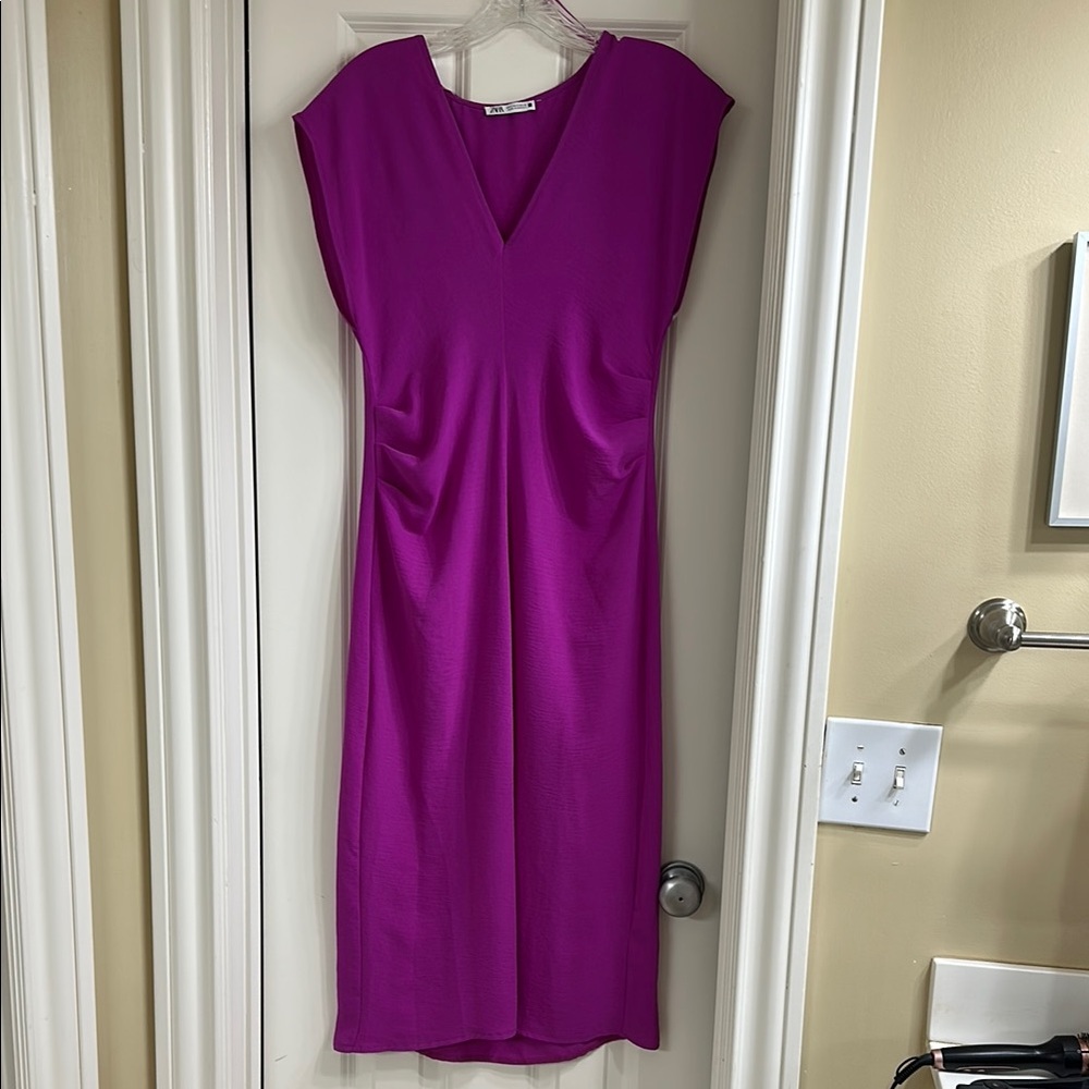 Zara Pink and Purple Ruched Sheath Dress for Wedding Guest